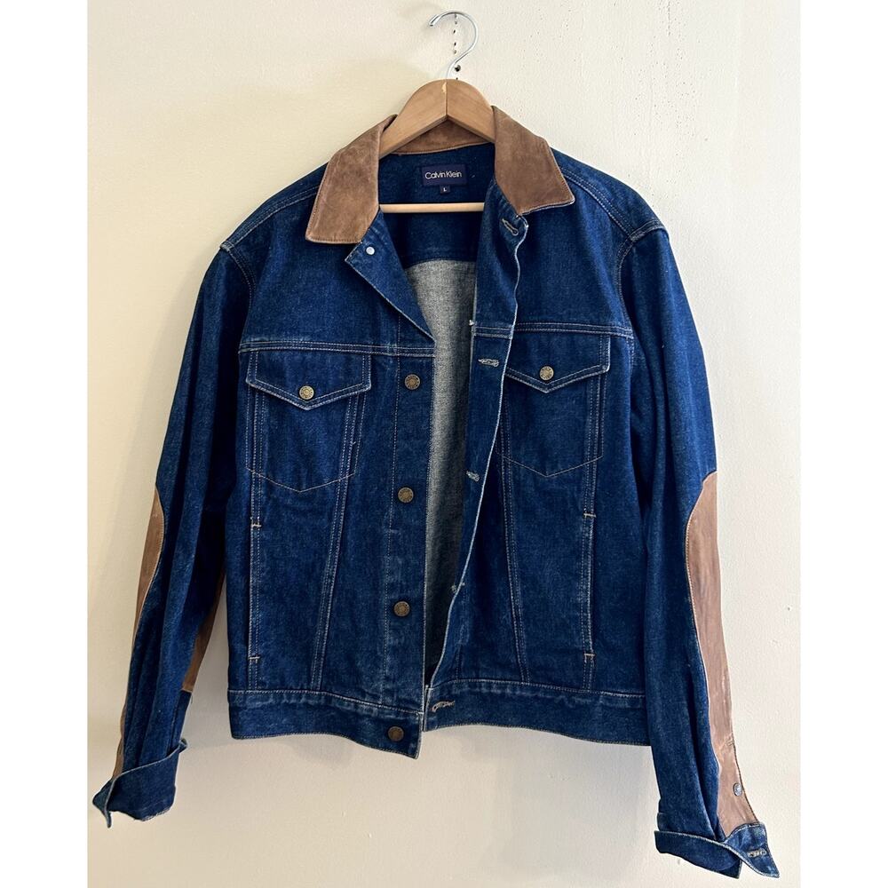 Vintage 90s y2k Calvin Klein Denim Jean Jacket with Leather Patches Men's Large